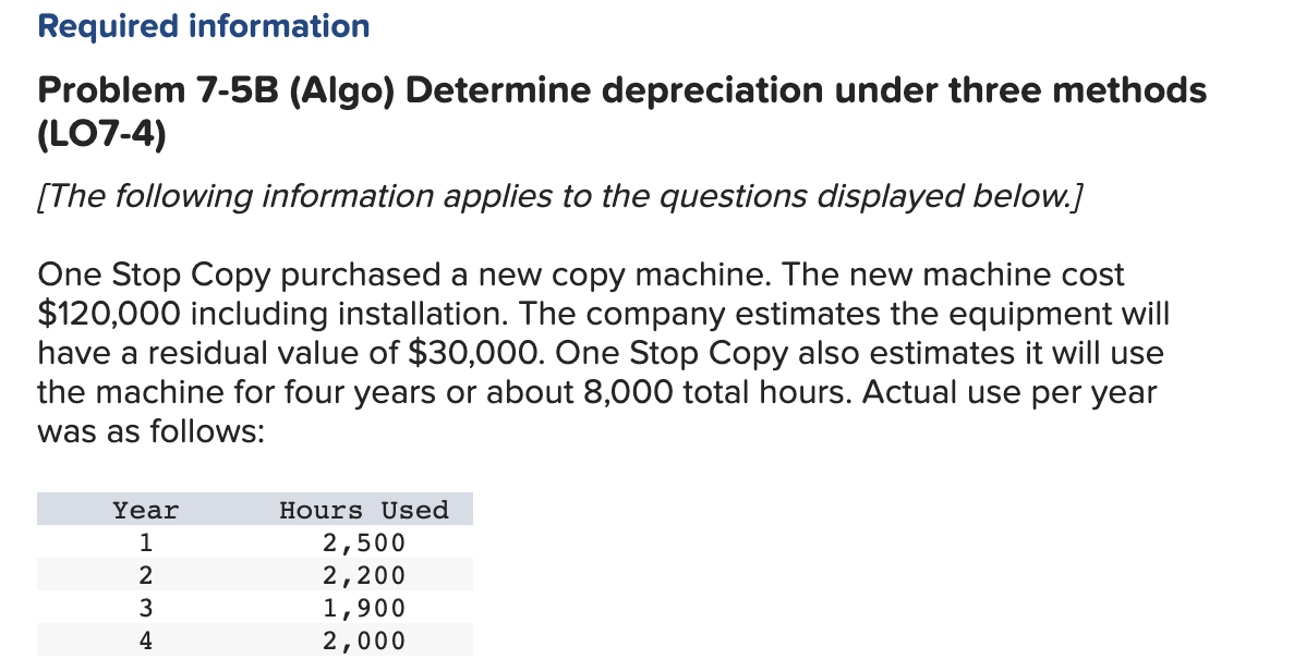 7.5 Required information Problem 7-5B (Algo) Determine depreciation under three methods (LO7-4)