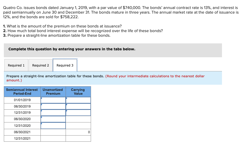  Quatro Co. issues bonds dated January 1, 2019, with a par