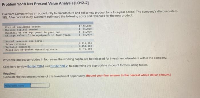  Problem 12-18 Net Present Value Analysis (L012-2) Oakmont Company has an