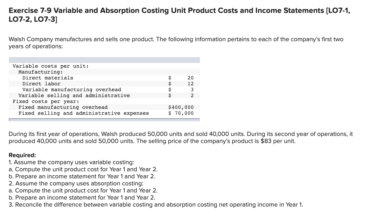 Exercise 7-9 Variable and Absorption Costing Unit Product Costs and Income