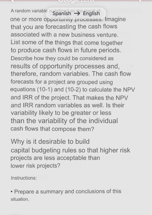  A random variable is defined as the result Spanish English one