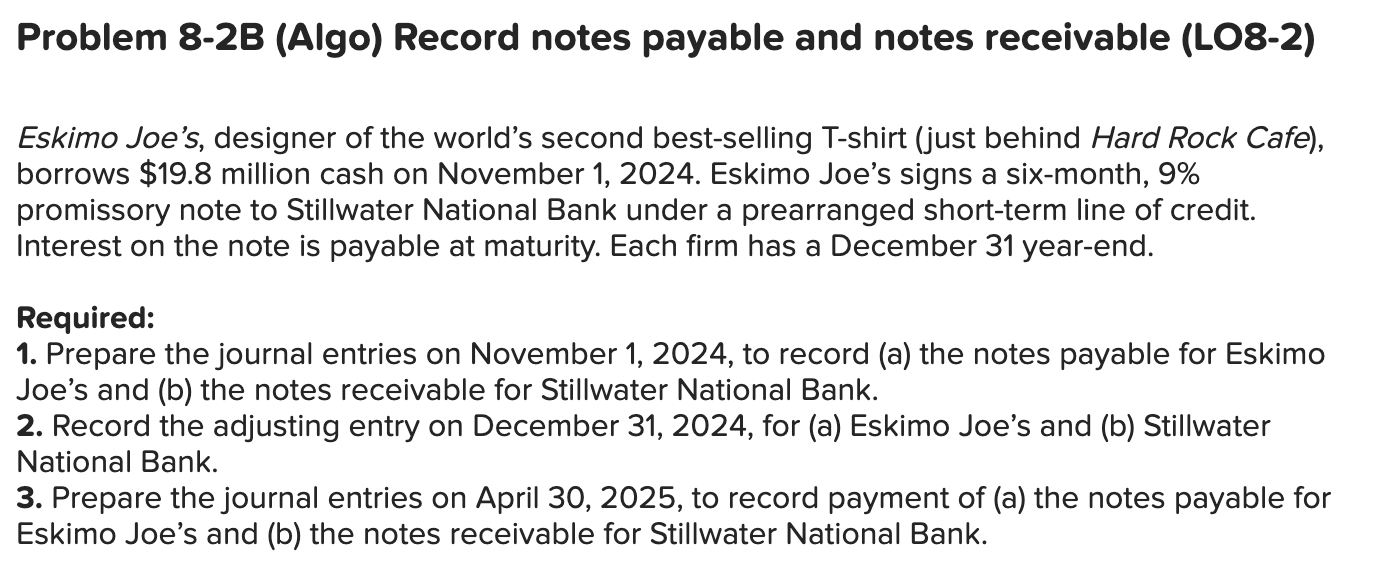 8.1 Problem 8-2B (Algo) Record notes payable and notes receivable (L08-2) Eskimo