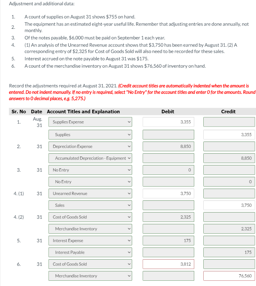 calculating the correct numbers for #6 in the adjusting entries above the