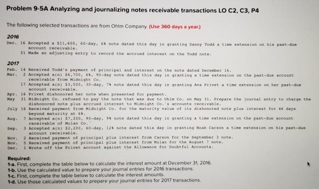  Problem 9-5A Analyzing and journalizing notes receivable transactions LO C2, C3,