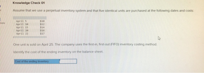  Knowledge Check 01 Assume that we use a perpetual inventory system