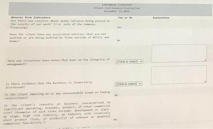 forms to evaluate the continuance decision for EarthWear as an audit client.