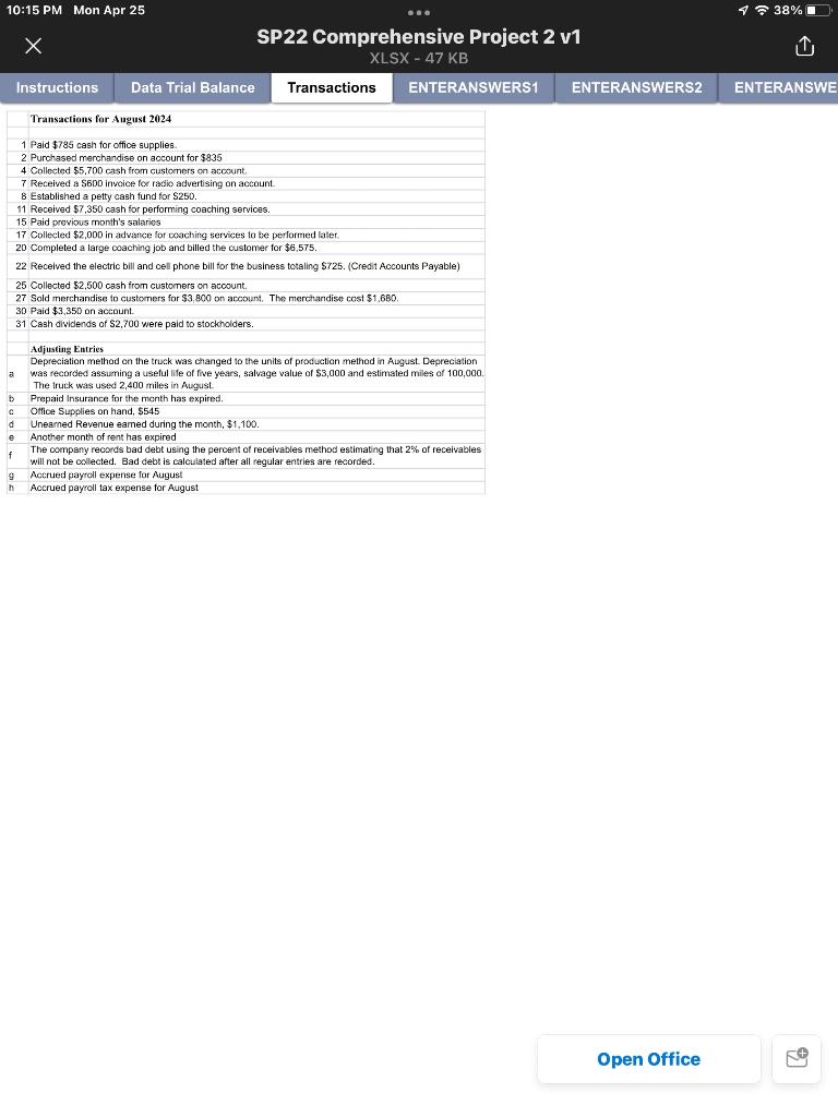 Balance Transactions ENTERANSWERS1 ENTERANSWERS ENTERANSWERS3 U ENTERANSWERS4 Comprehensive Project 2 Using Excel