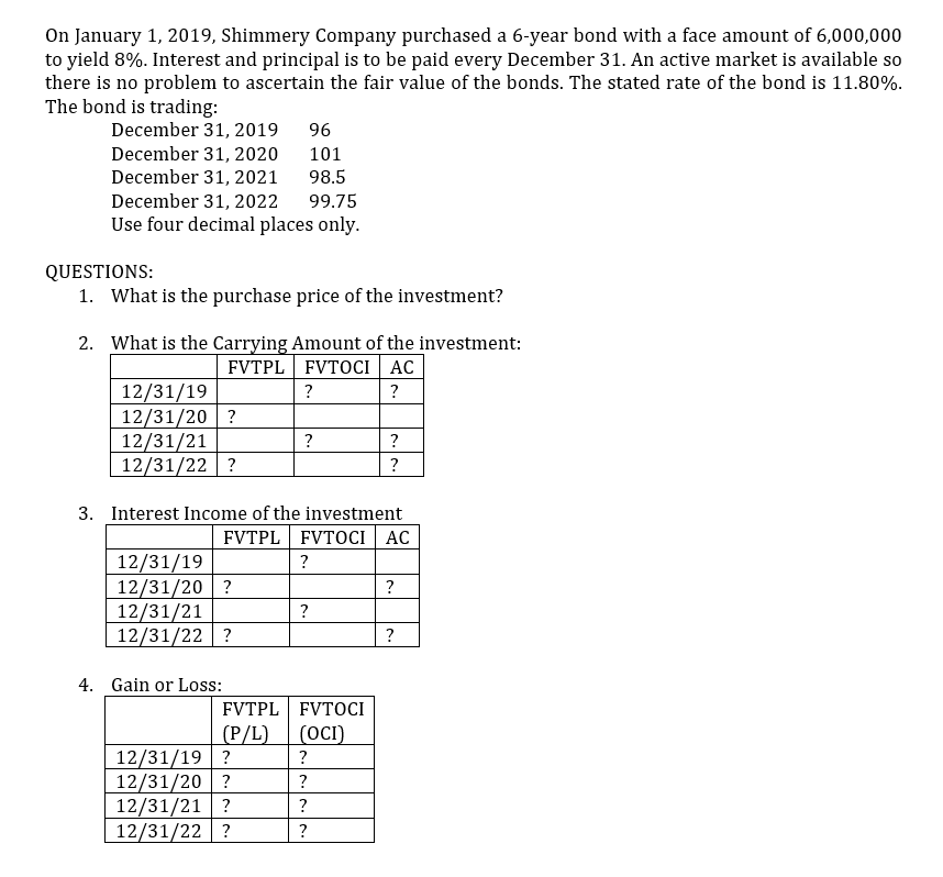 PLEASE SHOW COMPLETE SOLUTION IN EVERY ANSWER. On January 1, 2019, Shimmery
