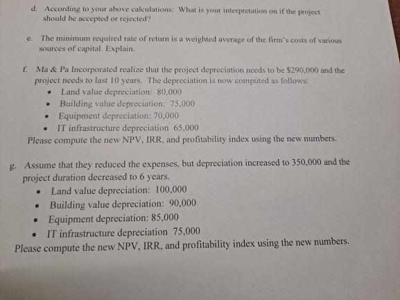 project. You will use these numbers to answer a. thru e. on