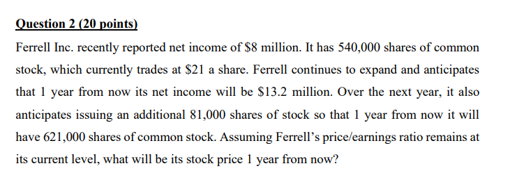 Question 2 (20 points) Ferrell Inc. recently reported net income of