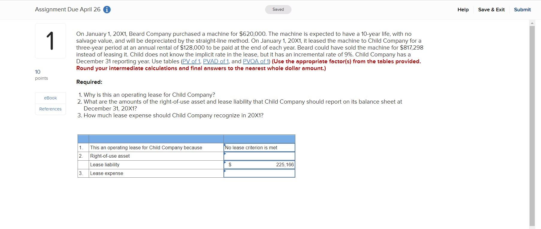 Assignment Due April 26 Saved Help Save & Exit Submit 1