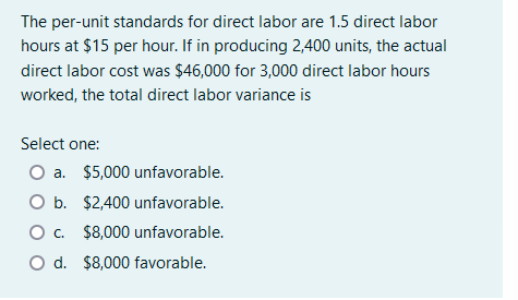  The per-unit standards for direct labor are 1.5 direct labor hours