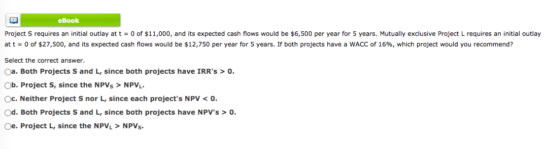 EB eBook Project S requires an initial outlay at t =