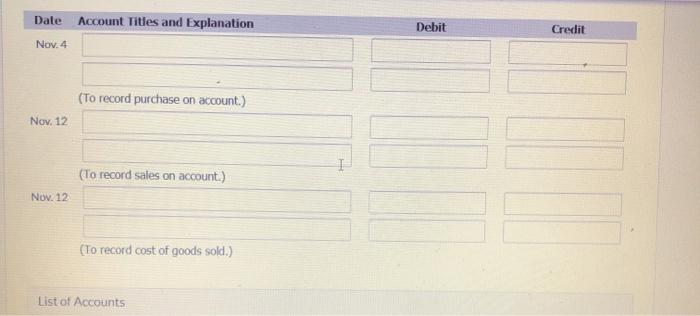 inventory system. The following information is available for November: Units Sales Price
