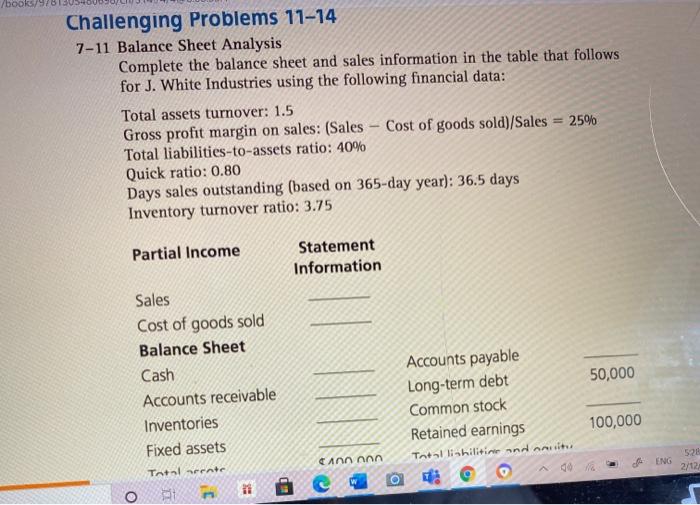  book Challenging Problems 11-14 7-11 Balance Sheet Analysis Complete the balance