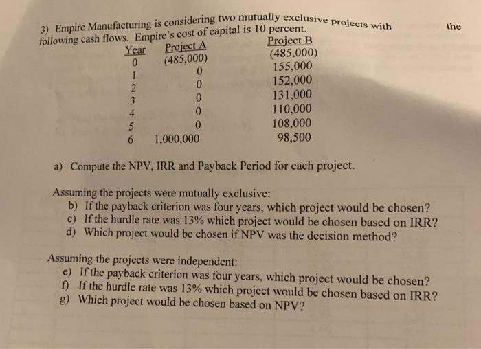  the Project A (485,000) 3) Empire Manufacturing is considering two mutually