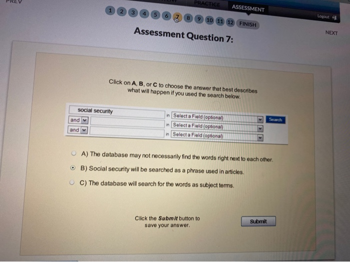  PRACTICE ASSESSMENT 2 4 8 Logout 9 10 11 12 FINISH
