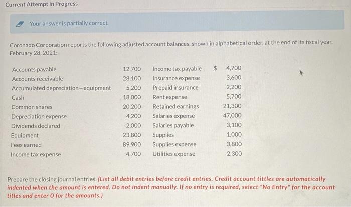  Current Attempt in Progress Your answer is partially correct Coronado Corporation