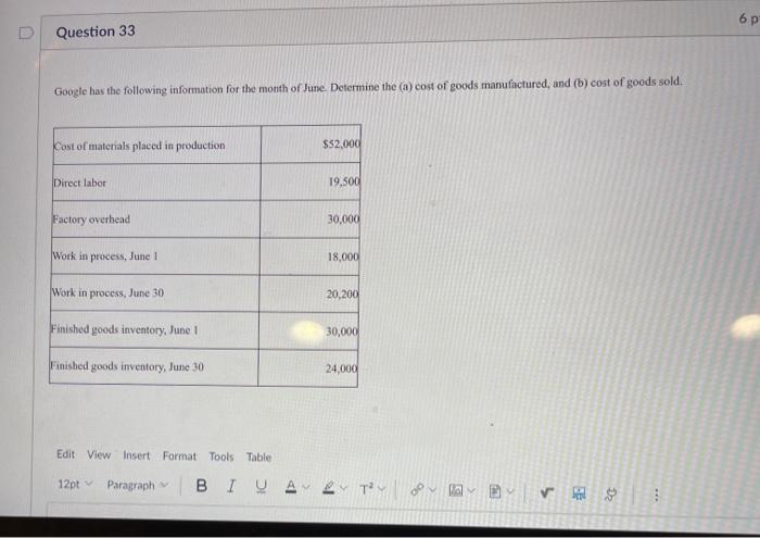  6 p Question 33 Google has the following information for the