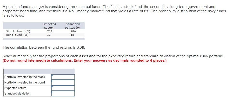 A pension fund manager is considering three mutual funds. The first is