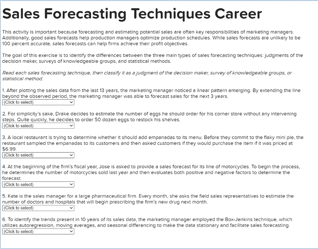  Sales Forecasting Techniques Career This activity is important because forecasting and