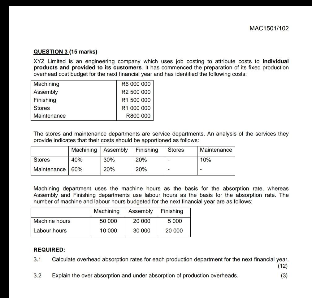  MAC1501/102 QUESTION 3 (15 marks) XYZ Limited is an engineering company