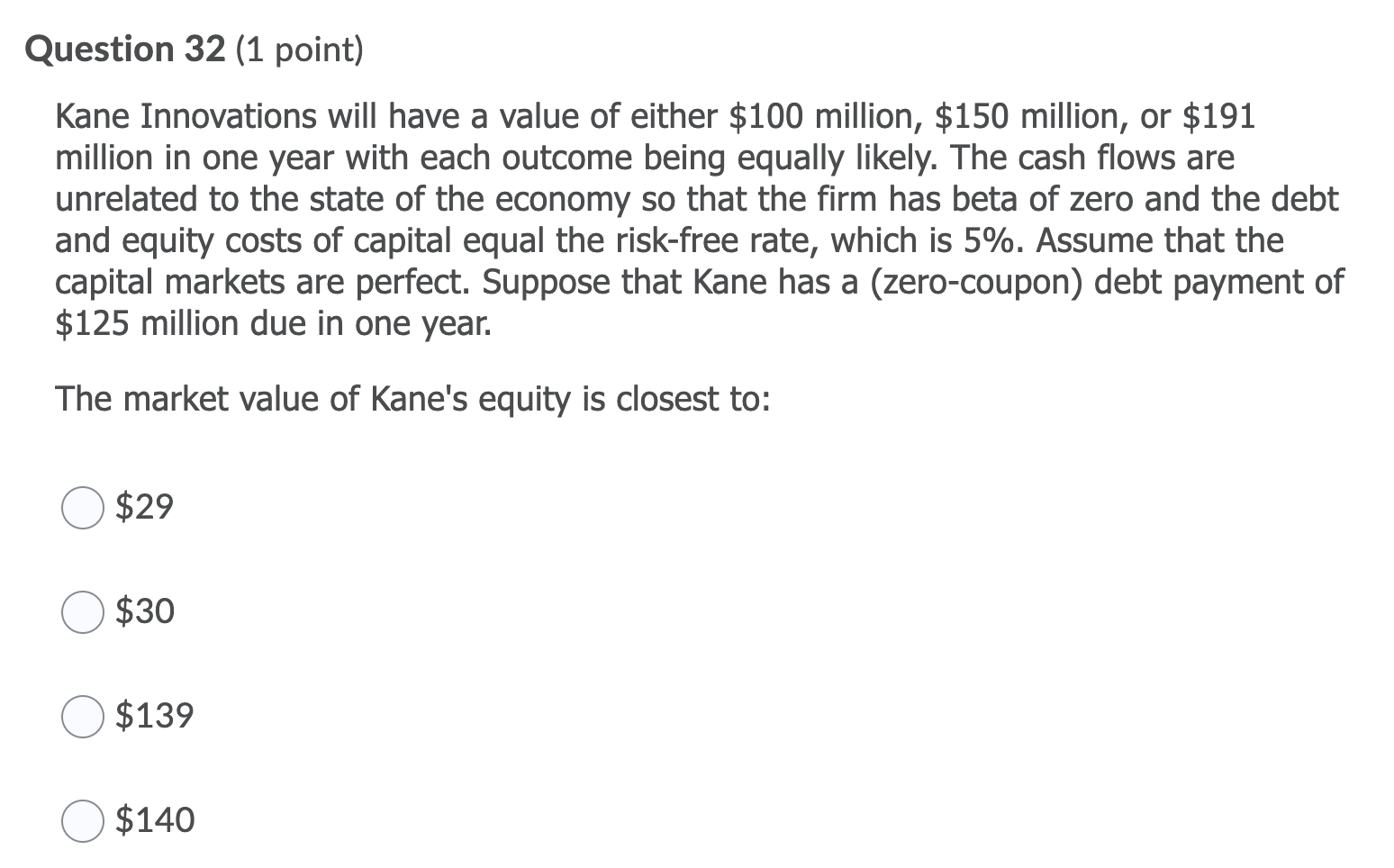 Question 32 (1 point) Kane Innovations will have a value of