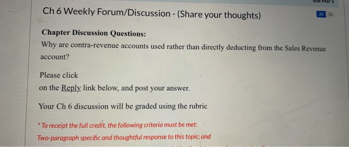 please help due Mar 5 Ch 6 Weekly Forum/Discussion - (Share your