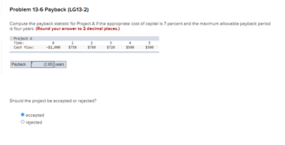 Problem 13.6 Payback (LG13-2) Compute the payback statistic for Project All