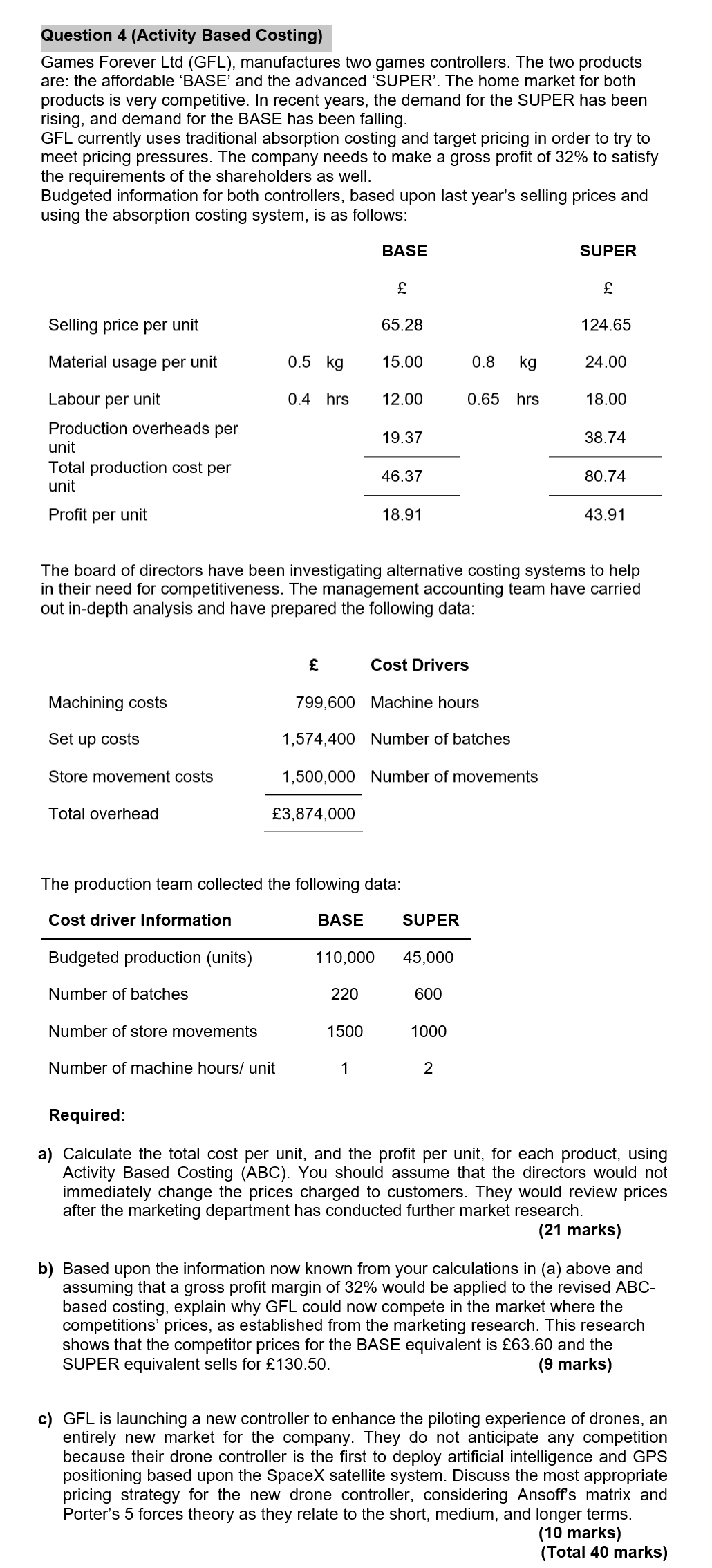 Q uestion 4 (Activity Based Costing) Games Forever Ltd (GFL), manufactures two