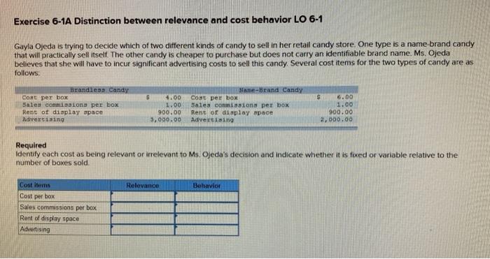 Exercise 6-1A Distinction between relevance and cost behavior LO 6-1 Gayla