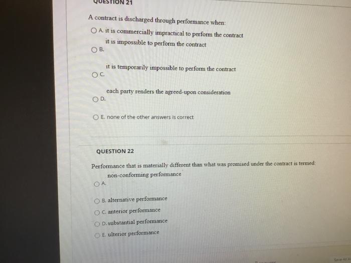  21 A contract is discharged through performance when: O A. it