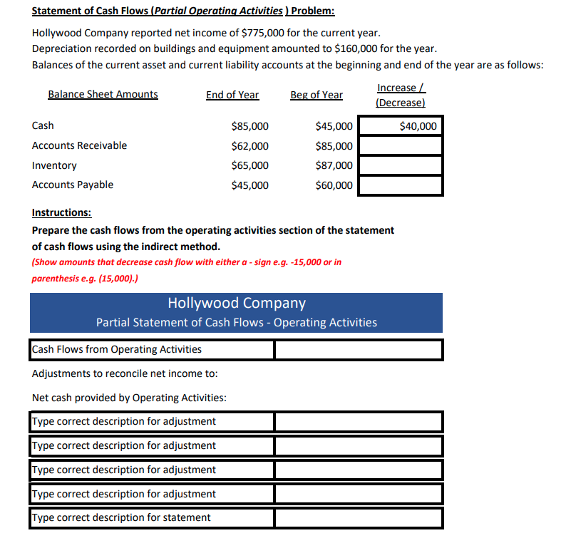  Statement of Cash Flows (Partial Operating Activities) Problem: Hollywood Company reported