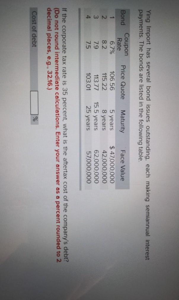  Ying Import has several bond issues outstanding, each making semiannual interest