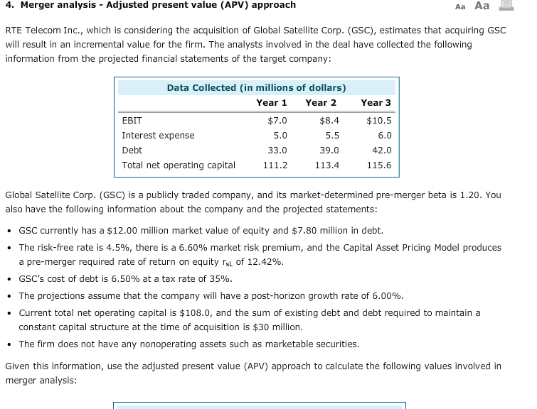4. Merger analysis - Adjusted present value (APV) approach Aa Aa