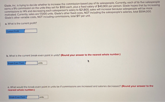  Glade, Inc. is trying to decide whether to increase the commission-based