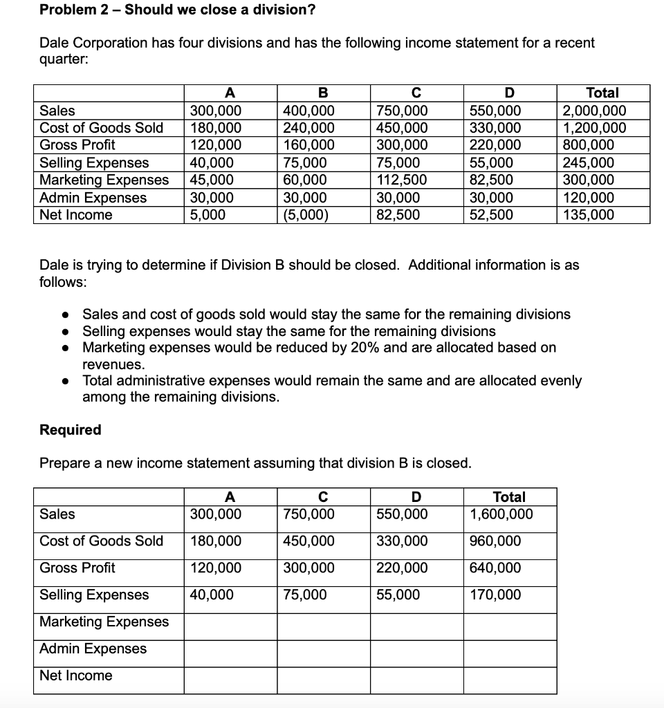 Problem 2 - Should we close a division? Dale Corporation has