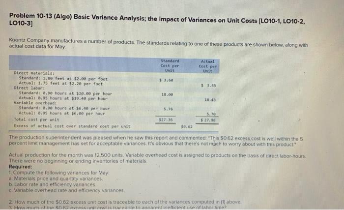 help me please!! Problem 10-13 (Algo) Basic Variance Analysis; the Impact of