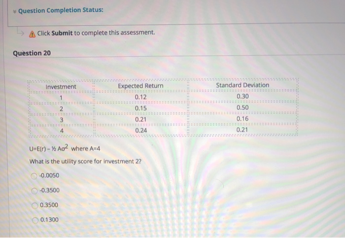  Question Completion Status: A Click Submit to complete this assessment. Question