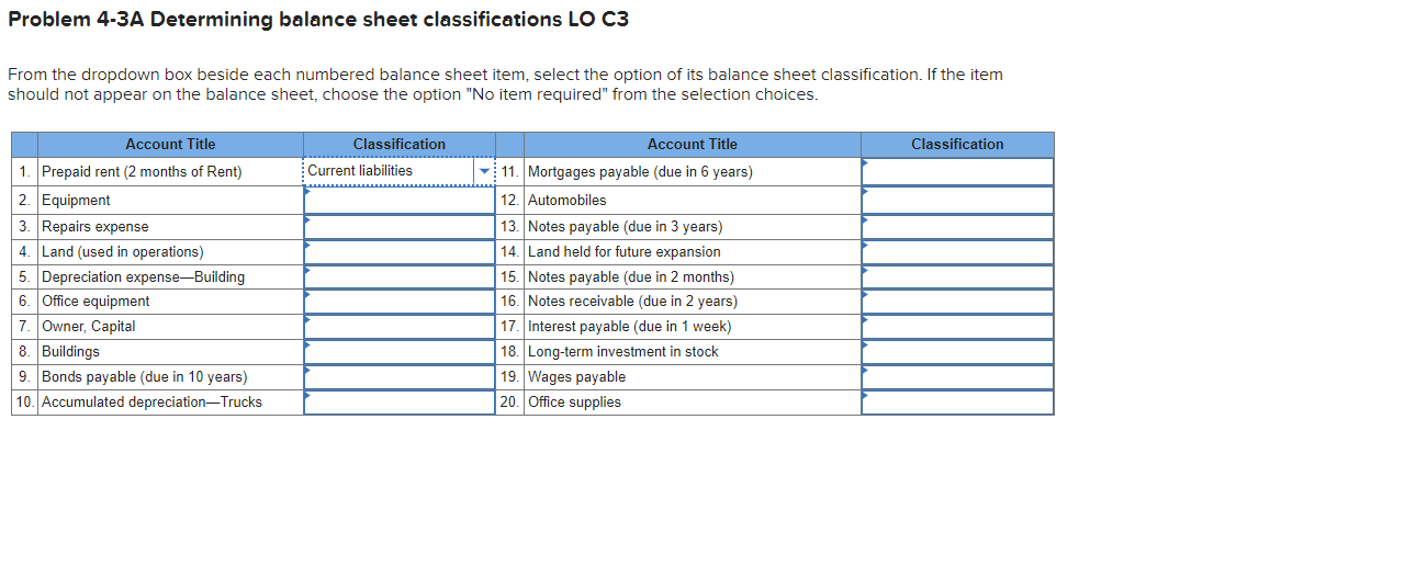  Problem 4-3A Determining balance sheet classifications LO C3 From the dropdown