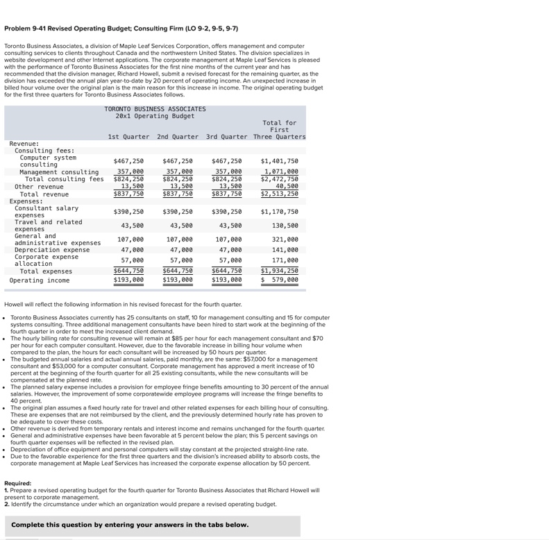  Problem 9-41 Revised Operating Budget; Consulting Firm (LO 9-2, 9-5, 9-7)