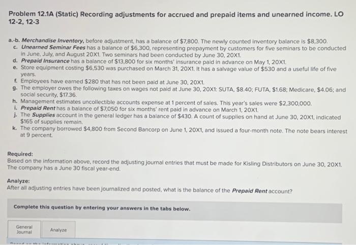  Problem 12.1A (Static) Recording adjustments for accrued and prepaid items and