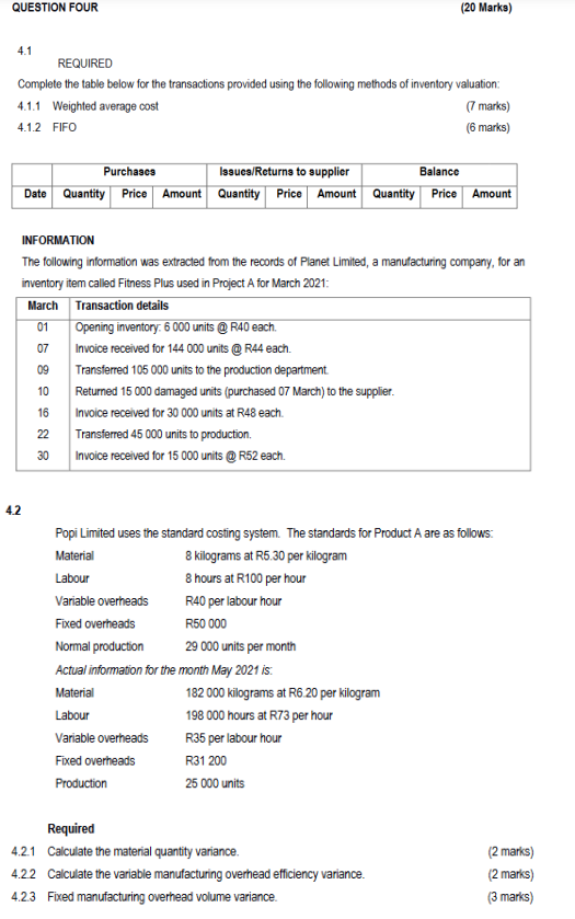 QUESTION FOUR (20 Marks) 4.1 REQUIRED Complete the table below for