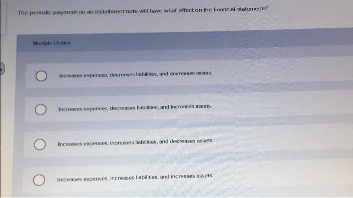  The periodic payment on an installment note will have what effect
