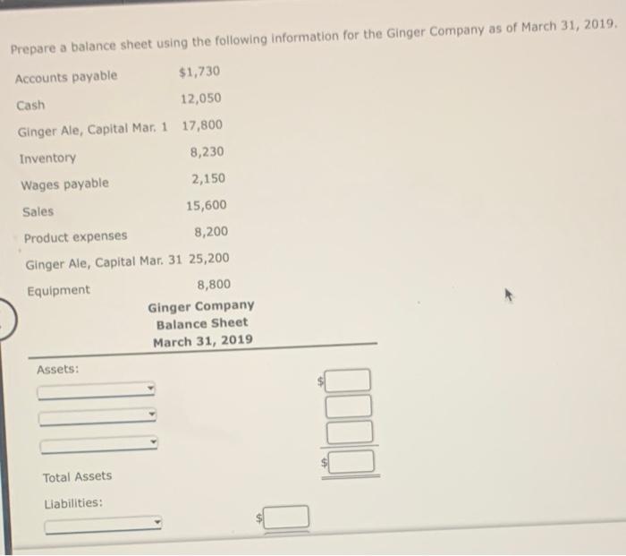  Prepare a balance sheet using the following information for the Ginger