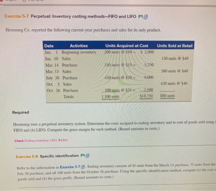 specific id , weighted average, fifo and lifo Exercise 5-7 Perpetual: Inventory