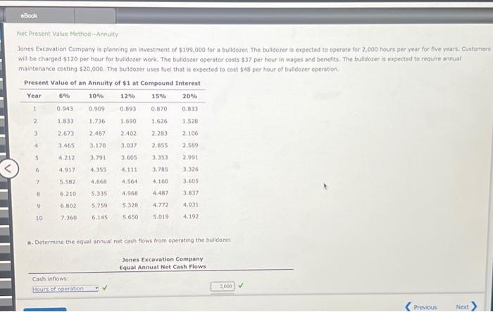Please help me do D Net Present Value Method-Annuity Jones Excavation Company