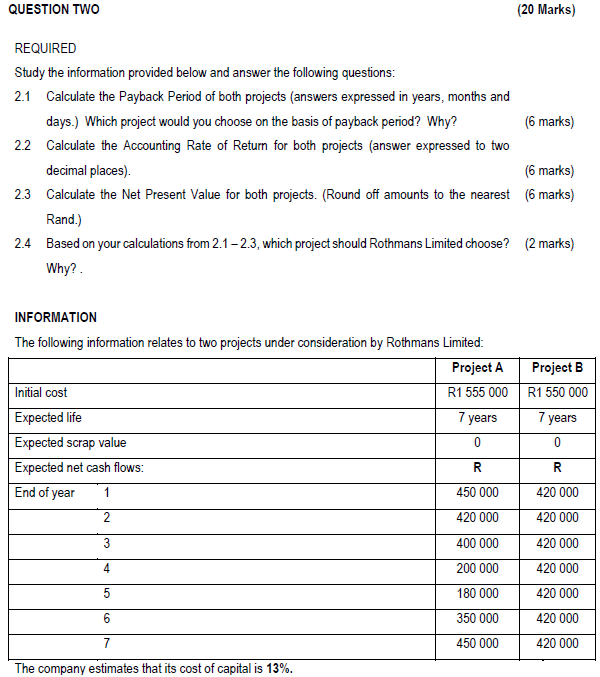  QUESTION TWO (20 Marks) REQUIRED Study the information provided below and