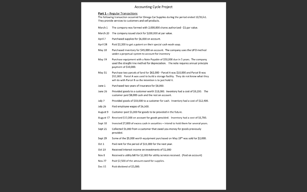 Please answer :( Accounting Cycle Project Part 1 - Regular Transactions The