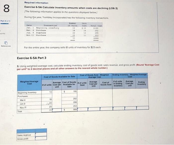  00 Required information Exercise 6-5A Calculate inventory amounts when costs are